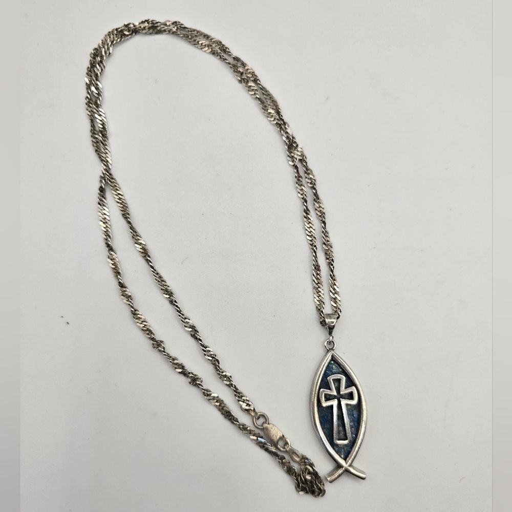 Genuine Roman Glass and Sterling Silver Necklace 20"